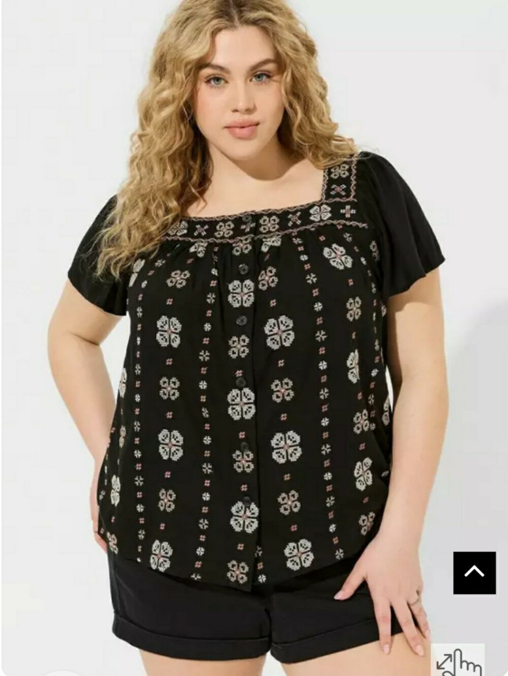 Torrid Black Embroidered Square-Neck Flutter Sleeve Top Size 1 14/16